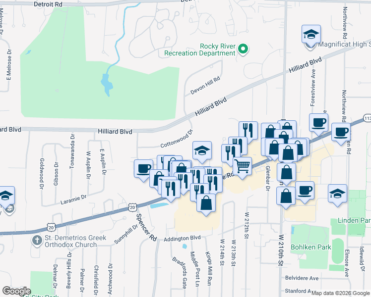 map of restaurants, bars, coffee shops, grocery stores, and more near 21872 River Oaks Drive in Rocky River