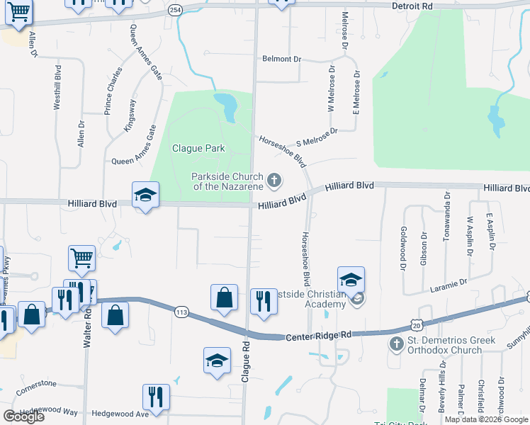 map of restaurants, bars, coffee shops, grocery stores, and more near 1763 Clague Road in Westlake