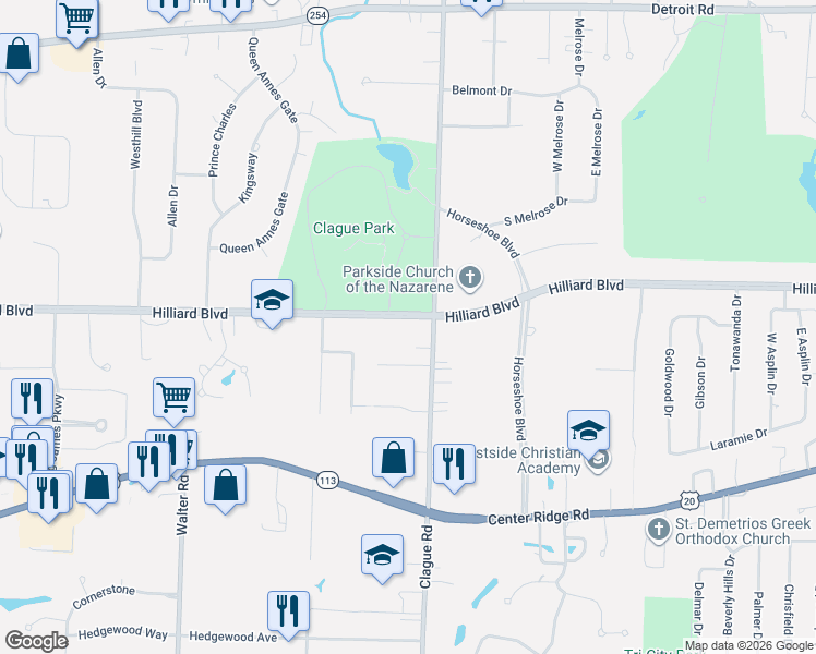 map of restaurants, bars, coffee shops, grocery stores, and more near 1762 Clague Road in Westlake