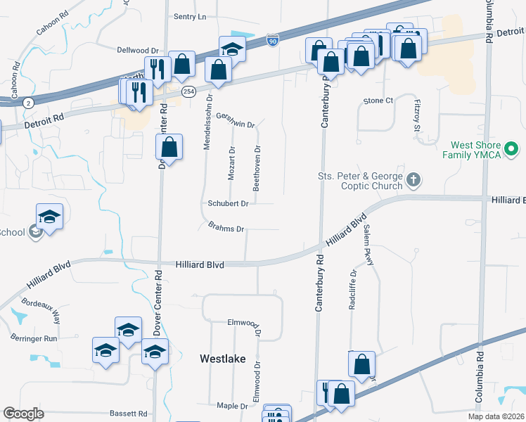 map of restaurants, bars, coffee shops, grocery stores, and more near 26702 Brahms Drive in Westlake