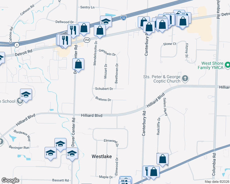 map of restaurants, bars, coffee shops, grocery stores, and more near 26852 Brahms Drive in Westlake