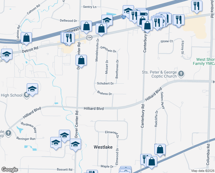 map of restaurants, bars, coffee shops, grocery stores, and more near 26954 Brahms Drive in Westlake