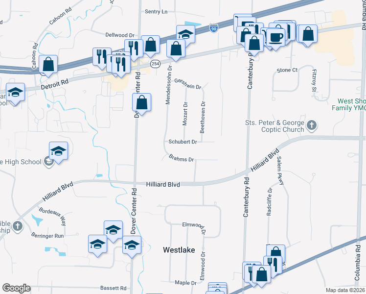 map of restaurants, bars, coffee shops, grocery stores, and more near 26954 Brahms Drive in Westlake