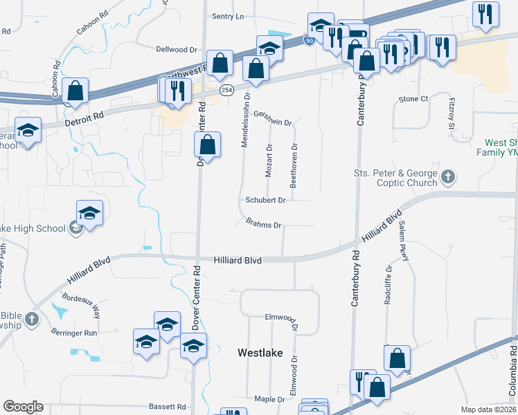 map of restaurants, bars, coffee shops, grocery stores, and more near 26954 Brahms Drive in Westlake