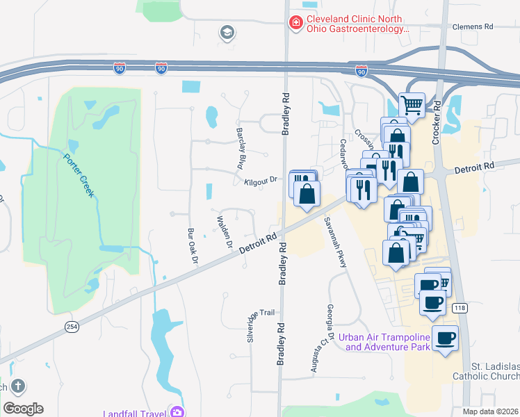 map of restaurants, bars, coffee shops, grocery stores, and more near 30812 Detroit Road in Westlake