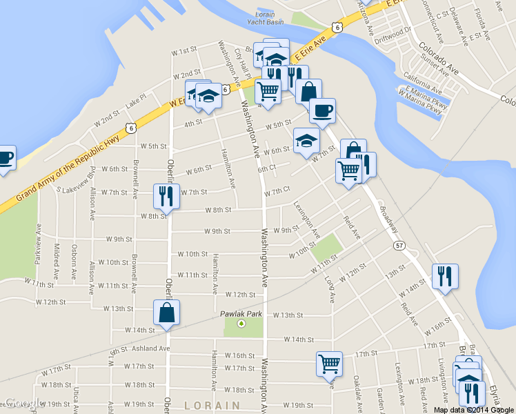 map of restaurants, bars, coffee shops, grocery stores, and more near 835 Washington Avenue in Lorain