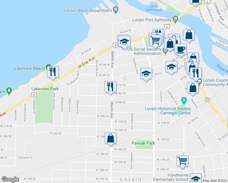 map of restaurants, bars, coffee shops, grocery stores, and more near 1185 West 8th Street in Lorain