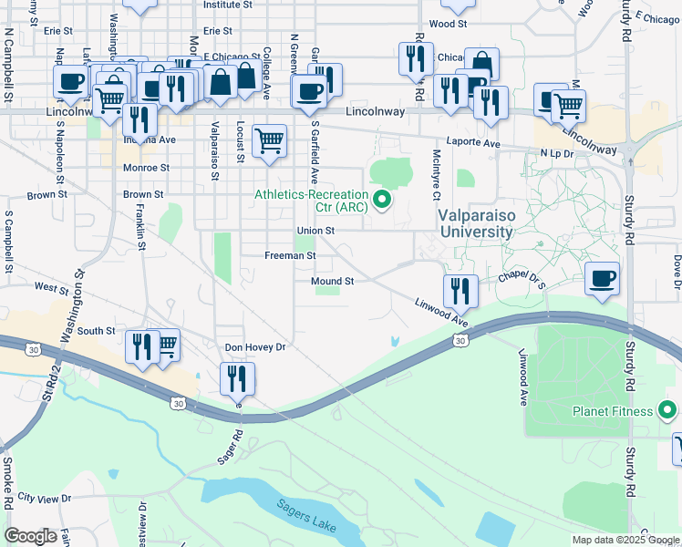 map of restaurants, bars, coffee shops, grocery stores, and more near 808 Mound Street in Valparaiso