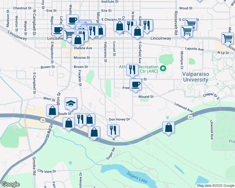 map of restaurants, bars, coffee shops, grocery stores, and more near 1099 S Locust St in Valparaiso