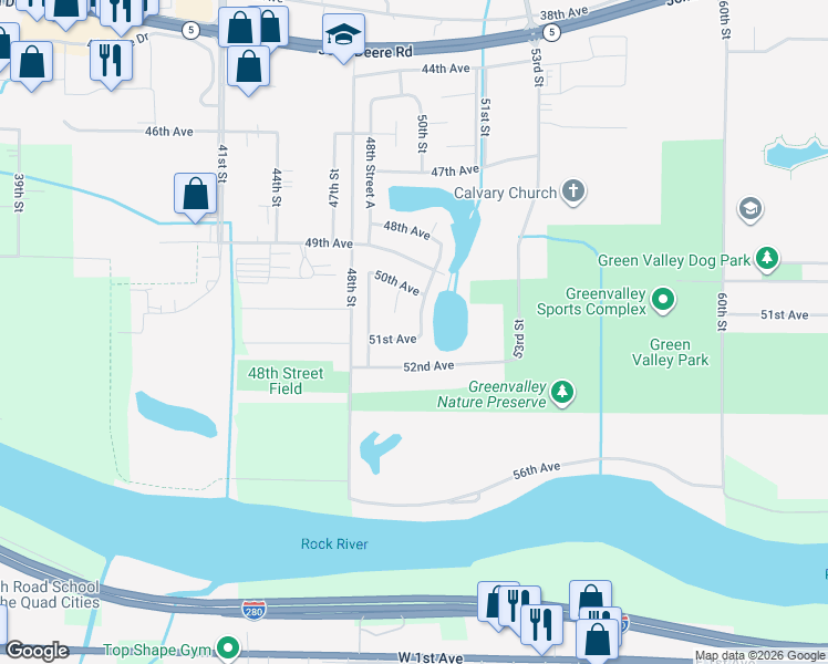 map of restaurants, bars, coffee shops, grocery stores, and more near 5003 52nd Avenue in Moline
