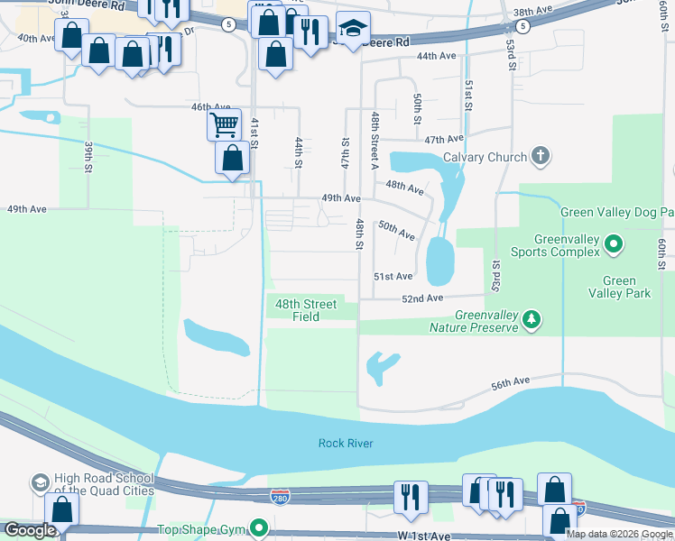 map of restaurants, bars, coffee shops, grocery stores, and more near 4704 51st Ave in Moline