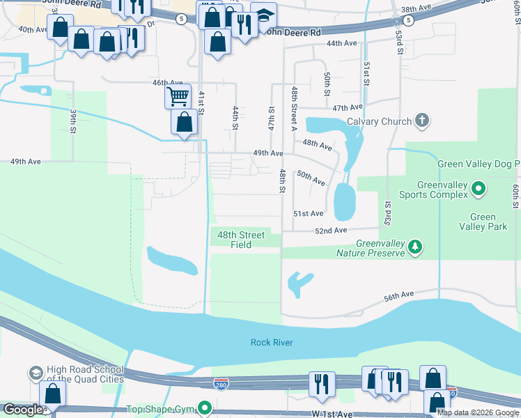 map of restaurants, bars, coffee shops, grocery stores, and more near 4704 51st Ave in Moline