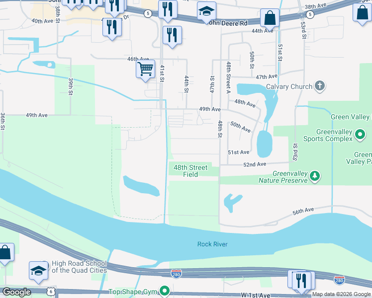 map of restaurants, bars, coffee shops, grocery stores, and more near 4616 51st Avenue in Moline