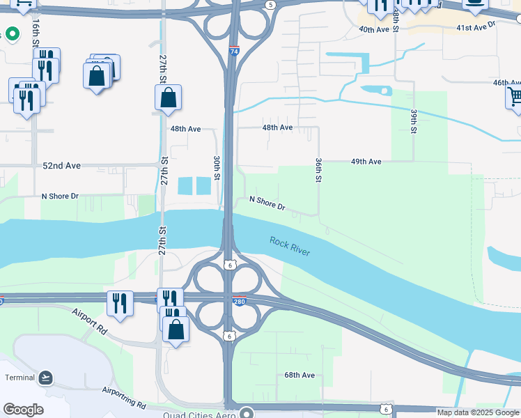 map of restaurants, bars, coffee shops, grocery stores, and more near 3210 North Shore Drive in Moline