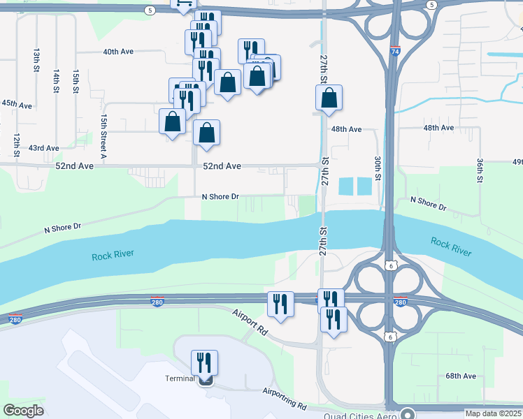 map of restaurants, bars, coffee shops, grocery stores, and more near 2410 North Shore Drive in Moline