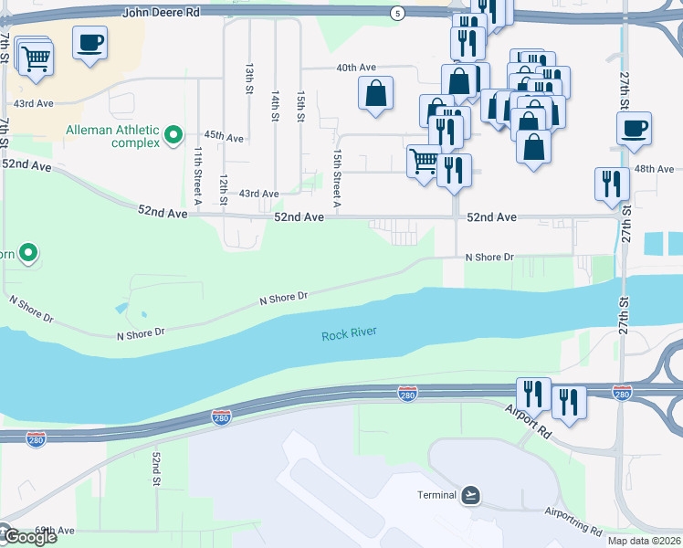 map of restaurants, bars, coffee shops, grocery stores, and more near 1506 North Shore Drive in Moline