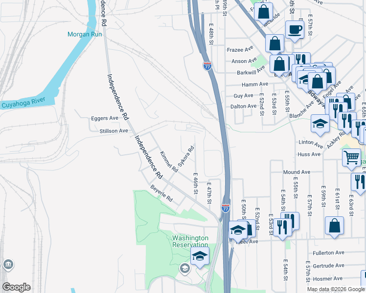 map of restaurants, bars, coffee shops, grocery stores, and more near 3586 Sykora Road in Cleveland