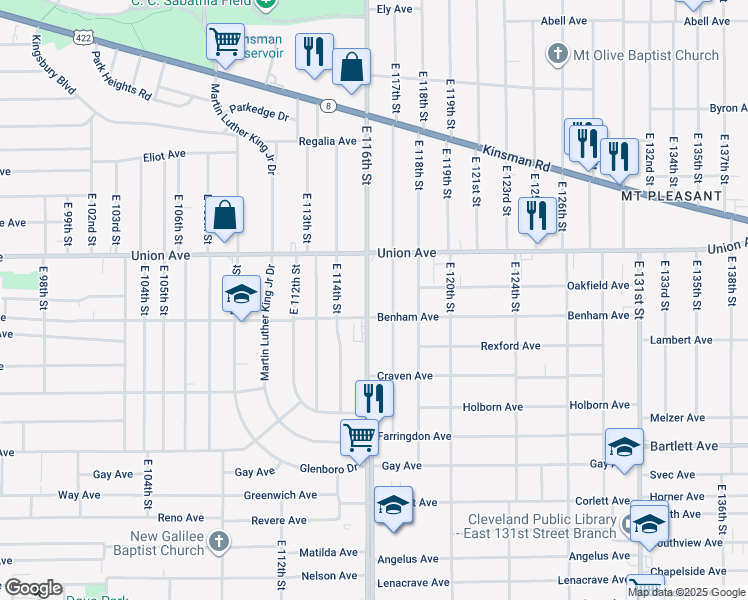 map of restaurants, bars, coffee shops, grocery stores, and more near 3553 East 116th Street in Cleveland