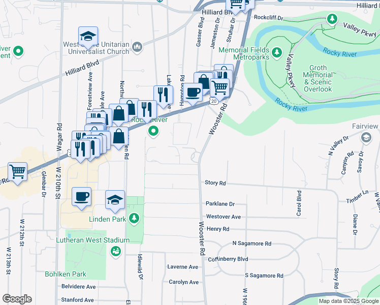 map of restaurants, bars, coffee shops, grocery stores, and more near 3400 Wooster Road in Rocky River
