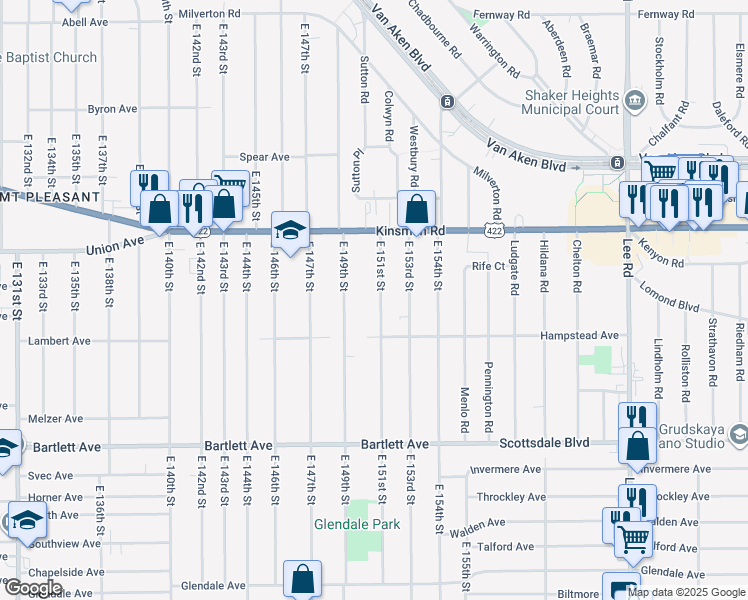 map of restaurants, bars, coffee shops, grocery stores, and more near 3574 East 151st Street in Cleveland