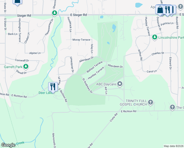 map of restaurants, bars, coffee shops, grocery stores, and more near 575 Huntley Terrace in Crete