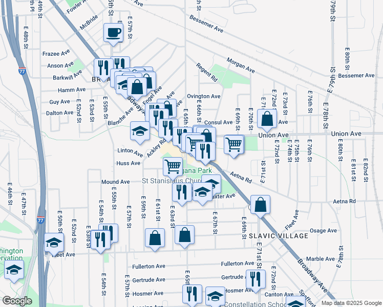 map of restaurants, bars, coffee shops, grocery stores, and more near 6500 Broadway Avenue in Cleveland