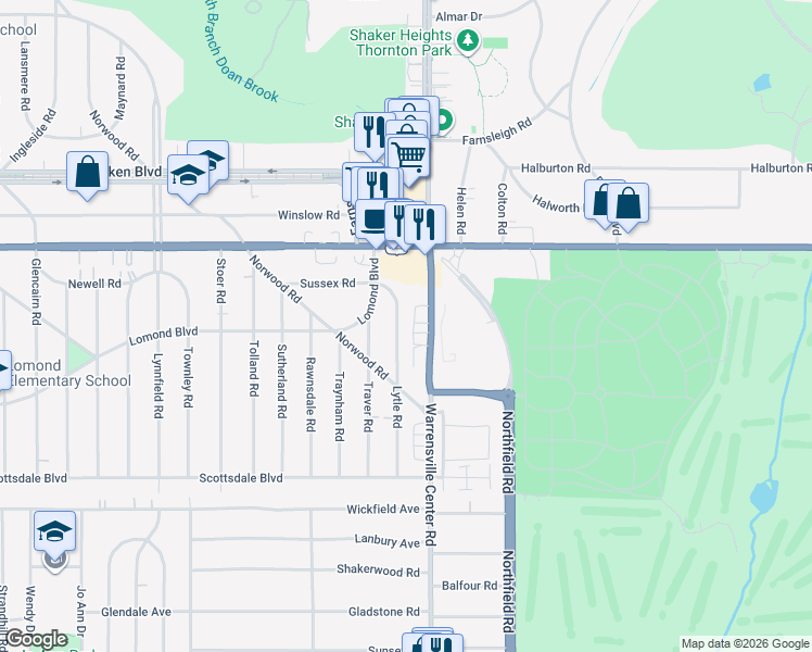 map of restaurants, bars, coffee shops, grocery stores, and more near 3607 Lytle Road in Shaker Heights