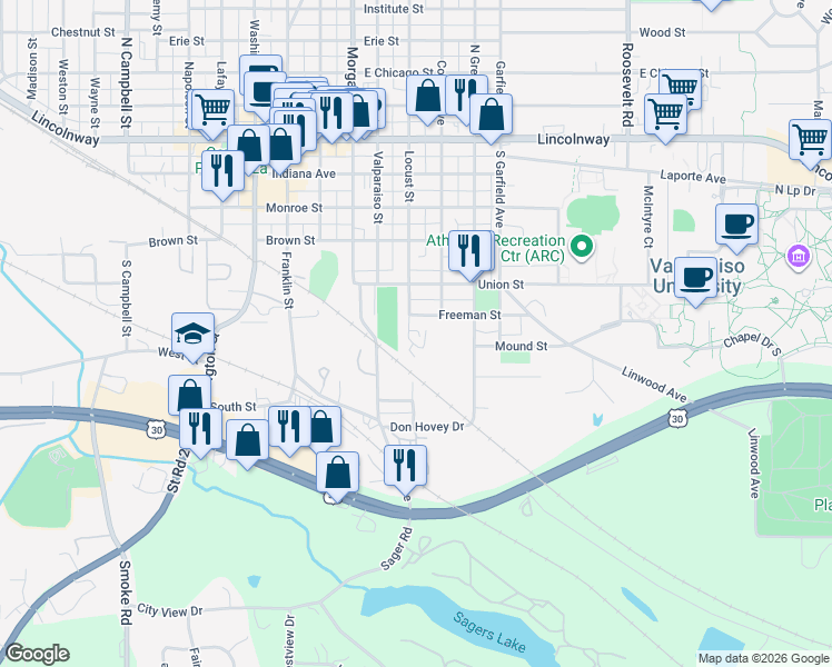 map of restaurants, bars, coffee shops, grocery stores, and more near 555 Locust Street in Valparaiso
