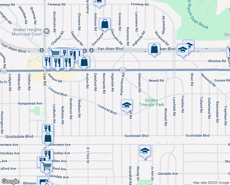 map of restaurants, bars, coffee shops, grocery stores, and more near 3605 Ingleside Road in Shaker Heights