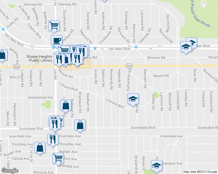 map of restaurants, bars, coffee shops, grocery stores, and more near 3609 Normandy Road in Shaker Heights