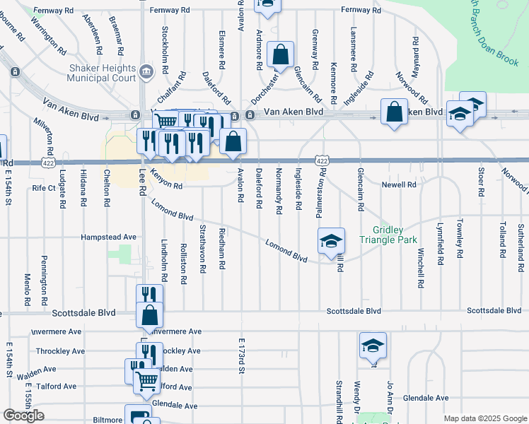 map of restaurants, bars, coffee shops, grocery stores, and more near 17323 Lomond Boulevard in Shaker Heights