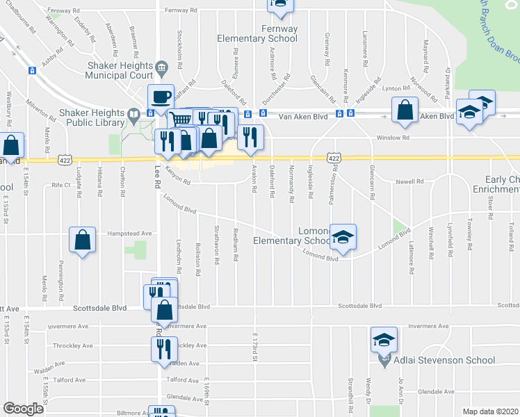map of restaurants, bars, coffee shops, grocery stores, and more near 17323 Lomond Boulevard in Shaker Heights