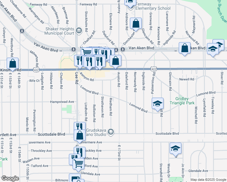 map of restaurants, bars, coffee shops, grocery stores, and more near 17121 Lomond Boulevard in Shaker Heights