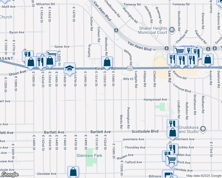 map of restaurants, bars, coffee shops, grocery stores, and more near 3605 East 154th Street in Cleveland