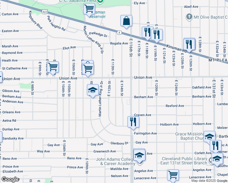map of restaurants, bars, coffee shops, grocery stores, and more near 3577 East 112th Street in Cleveland