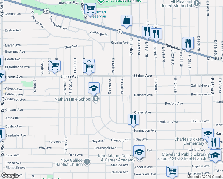 map of restaurants, bars, coffee shops, grocery stores, and more near 3577 East 112th Street in Cleveland