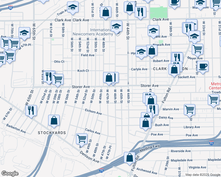 map of restaurants, bars, coffee shops, grocery stores, and more near 3412 West 46th Street in Cleveland