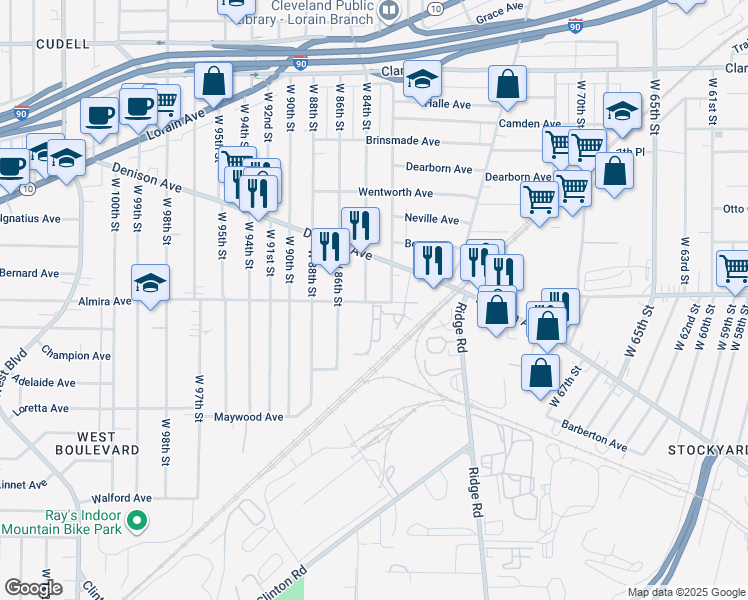 map of restaurants, bars, coffee shops, grocery stores, and more near 8401 Almira Avenue in Cleveland