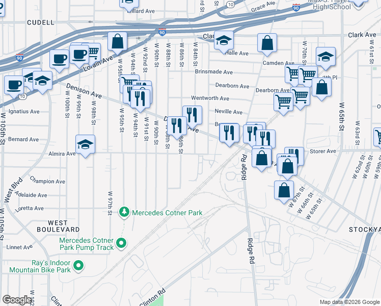 map of restaurants, bars, coffee shops, grocery stores, and more near 8401 Almira Avenue in Cleveland