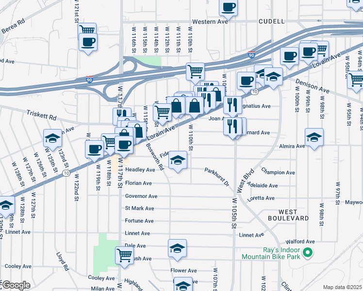 map of restaurants, bars, coffee shops, grocery stores, and more near 11017 Fidelity Avenue in Cleveland
