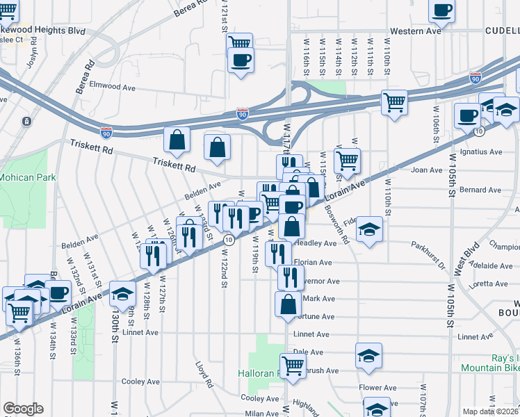 map of restaurants, bars, coffee shops, grocery stores, and more near 11906 Lorain Avenue in Cleveland