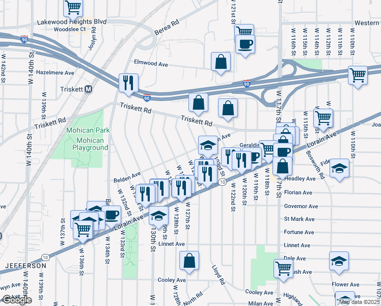 map of restaurants, bars, coffee shops, grocery stores, and more near 3353 West 127th Street in Cleveland