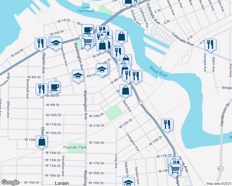 map of restaurants, bars, coffee shops, grocery stores, and more near 946 Reid Avenue in Lorain