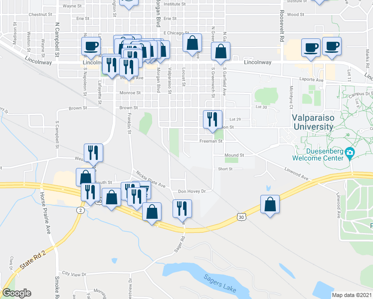 map of restaurants, bars, coffee shops, grocery stores, and more near 653 Axe Avenue in Valparaiso