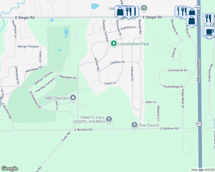 map of restaurants, bars, coffee shops, grocery stores, and more near 912 Carol Lane in Crete