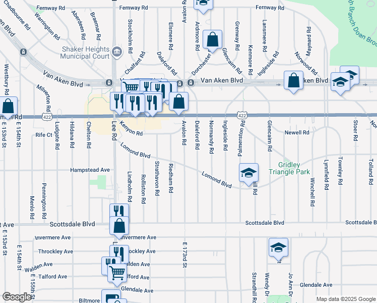 map of restaurants, bars, coffee shops, grocery stores, and more near 3581 Avalon Road in Shaker Heights