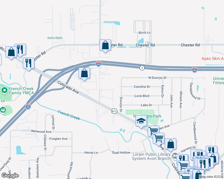 map of restaurants, bars, coffee shops, grocery stores, and more near 1162 Windmill Way North in Avon