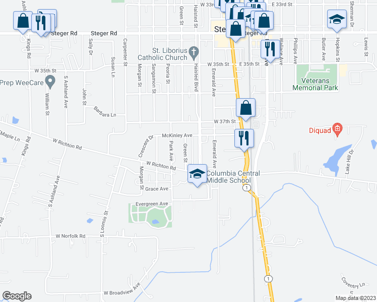 map of restaurants, bars, coffee shops, grocery stores, and more near 3743 Green Street in Steger