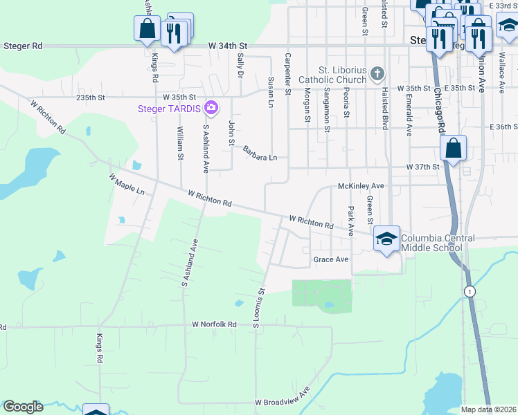 map of restaurants, bars, coffee shops, grocery stores, and more near 220 Crystal Lane in Steger