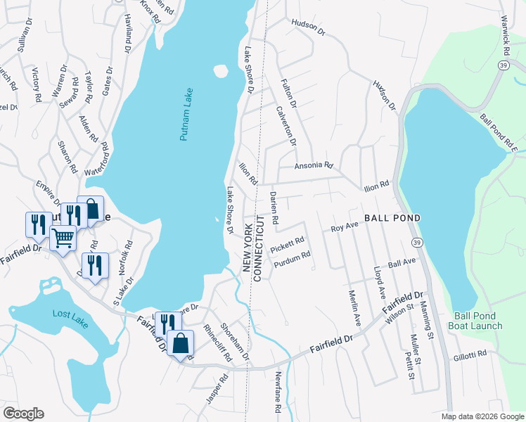 map of restaurants, bars, coffee shops, grocery stores, and more near 2 Darien Road in New Fairfield